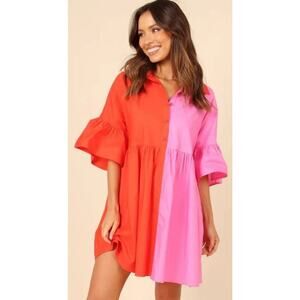 BiBi Red Pink Color Block Shirt Dress Ruffle Sleeves Partial Button Front Medium